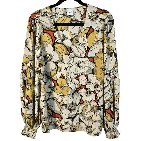 Cabi Sequel Blouse Women's M Yellow Orange Large Floral Poet Sleeve Career Boho - Picture 1 of 9